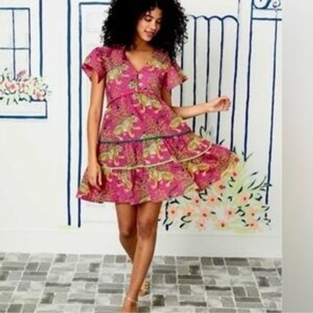 Printfresh Bagheera Pink Leopard Organic Cotton Tiered Mini Dress Womens Small